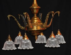 Large French Edwardian Six-Light Brass Chandelier with Holophane Glass Shades
