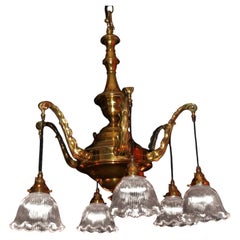 Large French Edwardian Six-Light Brass Chandelier with Holophane Glass Shades