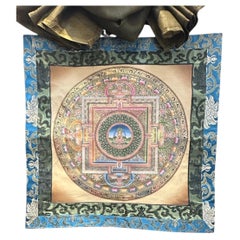 Late 20th Century Tibetan Buddha Mandala Thangka with Gold and Silk Brocade