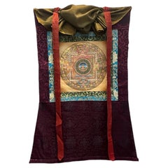 Late 20th Century Tibetan Buddha Mandala Thangka with Gold and Silk Brocade