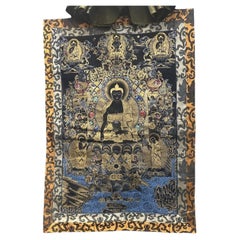 Late 20th C Tibetan Black and Gold Shakyamuni Buddha Thangka with Silk Brocade