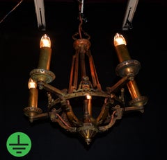 British Art Deco Patinated Bronze Five-Light Chandelier with Heraldic Motifs
