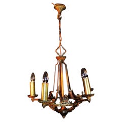British Art Deco Patinated Bronze Five-Light Chandelier with Heraldic Motifs