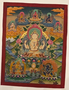 Mid-20th Century Tibetan Chenrezig Avalokiteshvara Hand-Painted Thangka