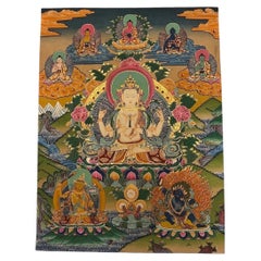 Handgemalte Thangka mit dem tibetischen Chenrezig (Avalokiteshvara) aus der Mitte des 20. Jahrhunderts