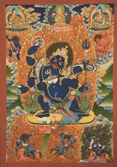 Mid-20th Century Tibetan Six-Armed Mahakala Hand-Painted Buddhist Thangka