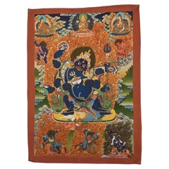 Mid-20th Century Tibetan Six-Armed Mahakala Hand-Painted Buddhist Thangka