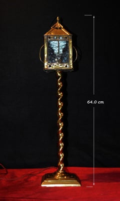 English Edwardian Art Nouveau Aged Brass Table Lamp with Hand-Made Glass Shade