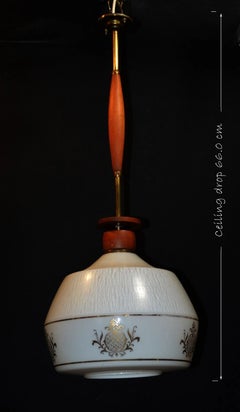Mid-Century Scandinavian Style Teak, Brass and Gilt Opaline Glass Pendant Light