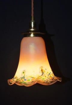 French Art Nouveau Iridescent Heron Glass and Brass Pendant Light, circa 1910