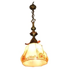 French Art Deco Hand-Painted Opaline Glass and Bronze Pendant Light, circa 1930