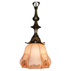 French Art Deco Hand-Painted Opaline Glass and Bronze Pendant Light, circa 1930