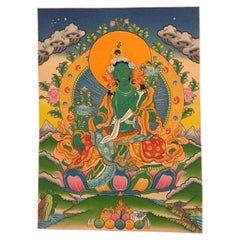 Late 20th Century Tibetan Green Tara Hand-Painted Thangka, Nepal