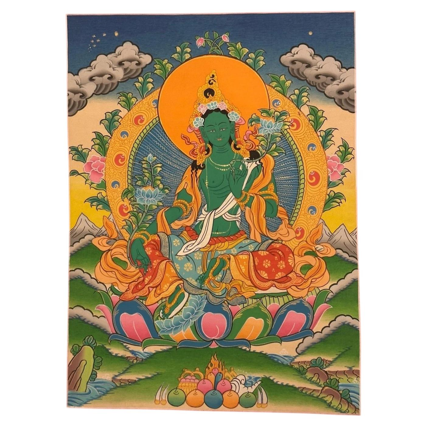 Thangka tibétaine représentant Tara Verte, peinte à la main, fin du XXe siècle, Népal