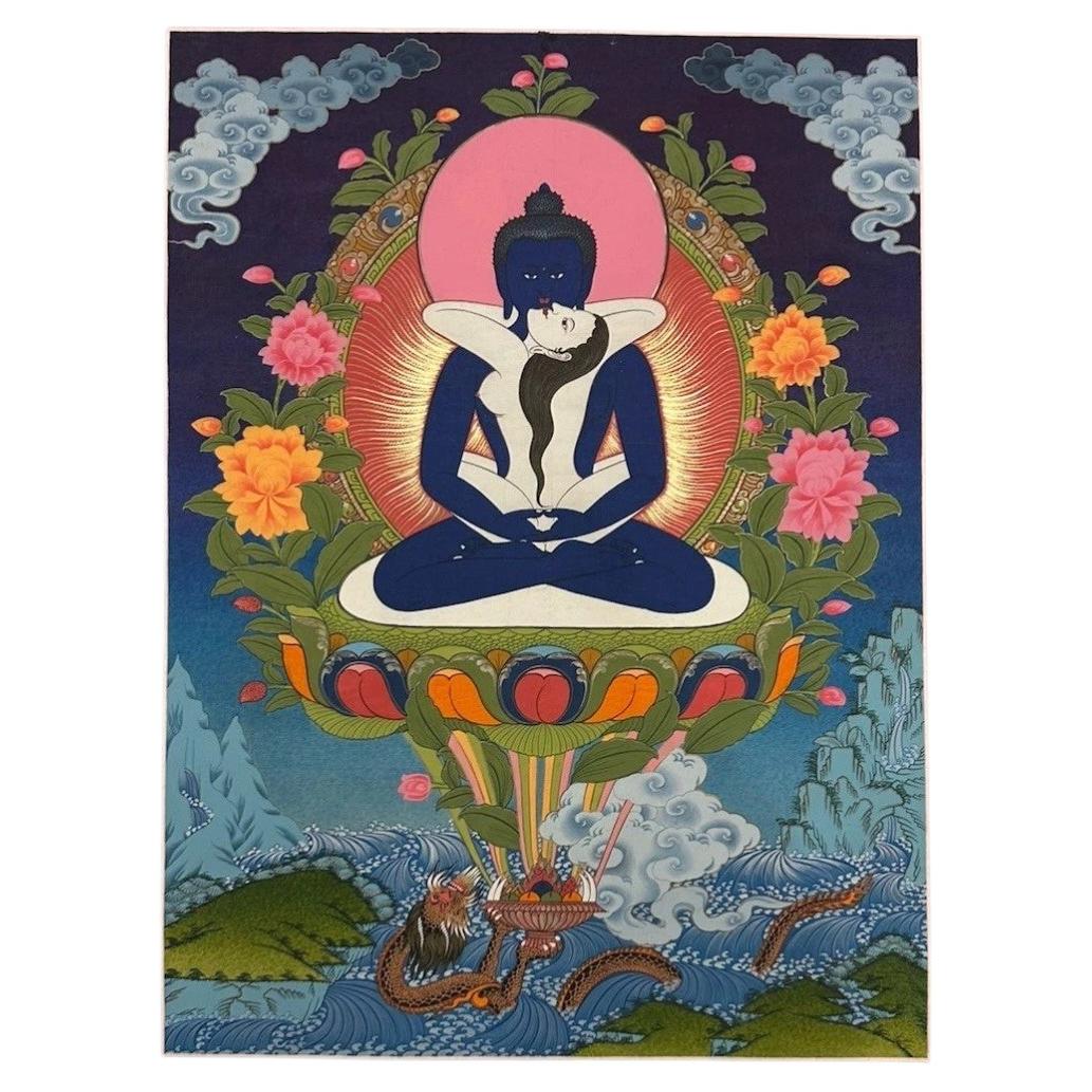 Mid-20th Century Tibetan Samantabhadra Yab-Yum Hand-Painted Thangka, Tibet For Sale