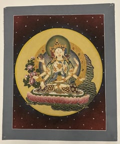 Handgemalte Thangka mit der Darstellung der tibetischen Gottheit Namgyalma Ushnishavijaya aus der Mitte des 20. Jahrhunderts, Kloster Drepung