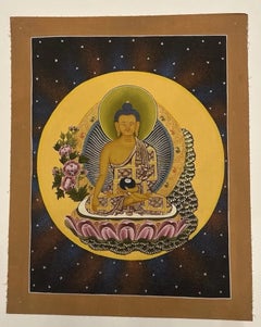 Late 20th C Tibetan Shakyamuni Buddha Hand-Painted Thangka, Shechen Monastery