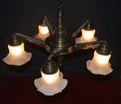 French Art Deco Five-Light Bronze Chandelier with Opaline Glass Shades 20s