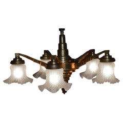 French Art Deco Five-Light Bronze Chandelier with Opaline Glass Shades 20s