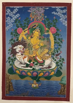 Mid-20th C Tibetan Manjushri Bodhisattva Hand-Painted Thangka, Tabo Monastery