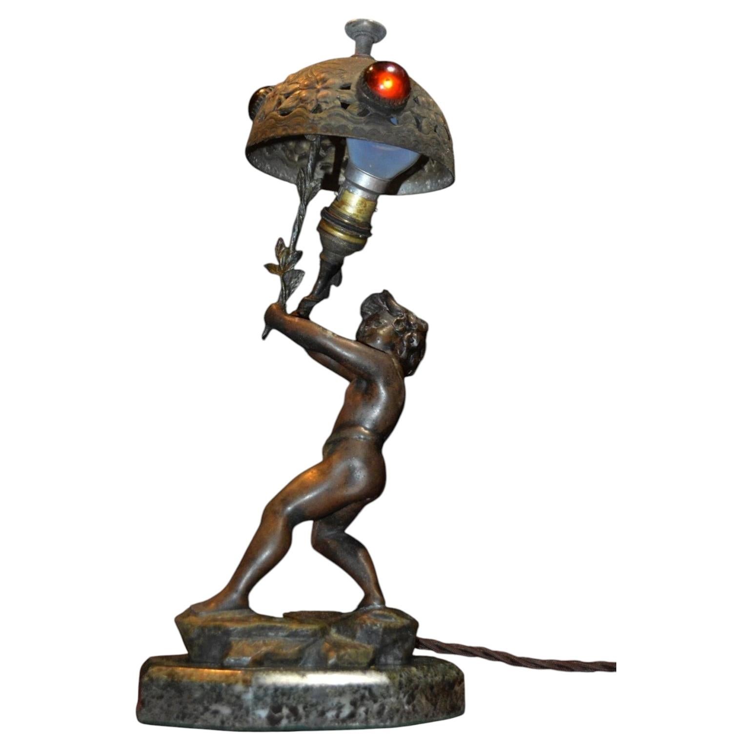 Raphaël Charles Peyre French Art Nouveau Patinated Bronze Figural Lamp 1890 For Sale