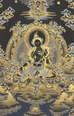Late 20thC Green Tara Gold and Silver Hand-Painted Tibetan Thangka, Spiti Valley