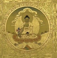 Late 20th Century Medicine Buddha 24K Gold Hand-Painted Mandala Thangka, Spiti