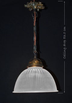 English Art Deco Holophane Prismatic Glass and Bronze Industrial Pendant Light