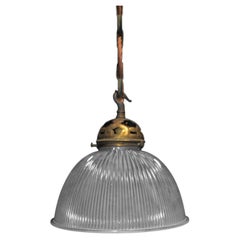 English Art Deco Holophane Prismatic Glass and Bronze Industrial Pendant Light