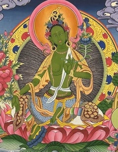 Late 20th C Green Tara Hand-Painted Tibetan Thangka, Kopan Monastery, Nepal