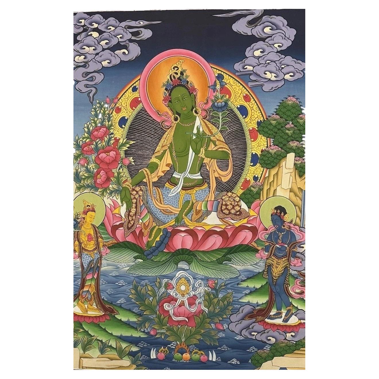 Thangka tibétaine peinte à la main représentant la Tara Verte, fin du XXe siècle, monastère de Kopan, Népal en vente