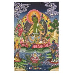 Thangka tibétaine peinte à la main représentant la Tara Verte, fin du XXe siècle, monastère de Kopan, Népal