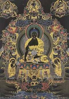 Late 20th Century Shakyamuni Buddha Black and Gold Hand-Painted Thangka, Spiti