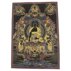 Late 20th Century Shakyamuni Buddha Black and Gold Hand-Painted Thangka, Spiti