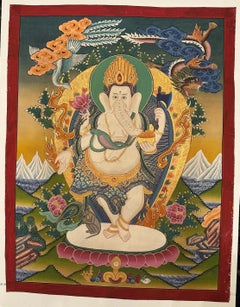Late 20th Century Vinayaka Ganesha Hand-Painted Buddhist Thangka, Ladakh, India
