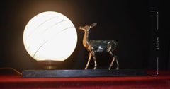 French Art Deco Bronze Deer and Opaline Glass Globe Table Lamp, circa 1940