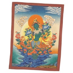 Late 20th C Tibetan Green Tara Hand-Painted Thangka, Thiksey Monastery, Ladakh