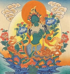 Late 20th C Tibetan Green Tara Hand-Painted Thangka, Thiksey Monastery, Ladakh