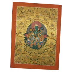 Mid-20th C Tibetan Twenty-One Green Taras 24-Karat Gold Thangka Ganden Monastery
