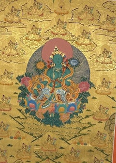Mid-20th C Tibetan Twenty-One Green Taras 24-Karat Gold Thangka Ganden Monastery