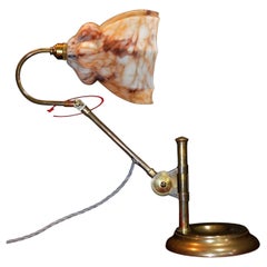 English GEC Art Deco Articulated Brass Bankers’ Desk Lamp with Marbled shade