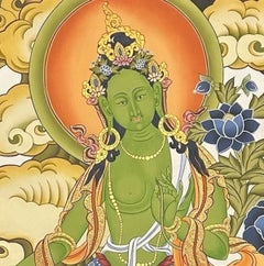 Late 20thC Tibetan Green Tara Hand-Painted Thangka, Thiksey Monastery, Ladakh