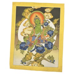 Late 20thC Tibetan Green Tara Hand-Painted Thangka, Thiksey Monastery, Ladakh