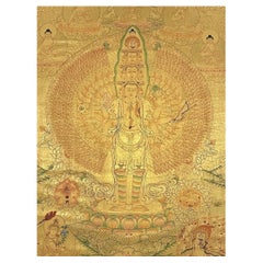 Late 20thC Tibetan Thousand-Armed Lokeshvara 24KT Gold Thangka, Ganden Monastery
