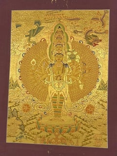 Late 20thC Tibetan Thousand-Armed Lokeshvara 24KT Gold Thangka, Ganden Monastery