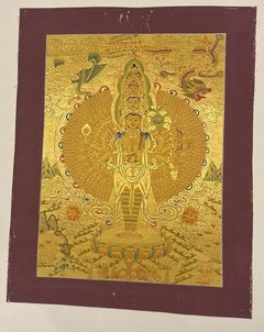 Thangka tibetana de finales del siglo XX representando a Lokeshvara de las Mil Brazos, realizada en oro de 24 quilates con técnica de rayado, de Samye