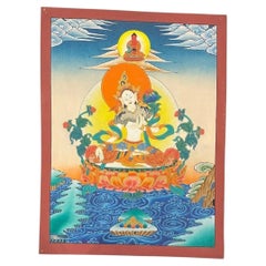 Late 20thC Tibetan White Tara Painted Mineral Pigment Thangka, Tabo Monastery