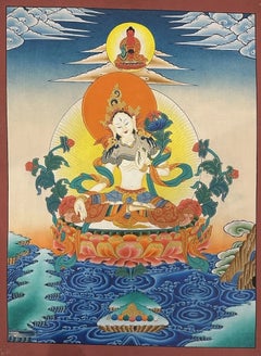 Late 20thC Tibetan White Tara Painted Mineral Pigment Thangka, Tabo Monastery