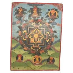 Late 19thC Tibetan Om Mandala Painted Mineral Pigment Thangka, Shechen Monastery