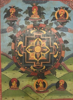 Late 19thC Tibetan Om Mandala Painted Mineral Pigment Thangka, Shechen Monastery